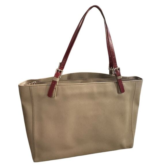 TORY BURCH York Tan Leather Tote Bag with Red handles - Picture 2 of 15